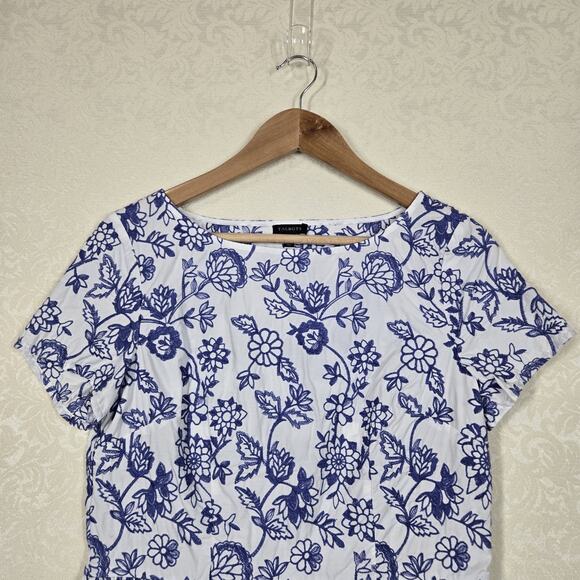 Talbots Top sz 6 Blue White Floral Embroidered 100% Cotton Scalloped Peplum Hem - Picture 3 of 14